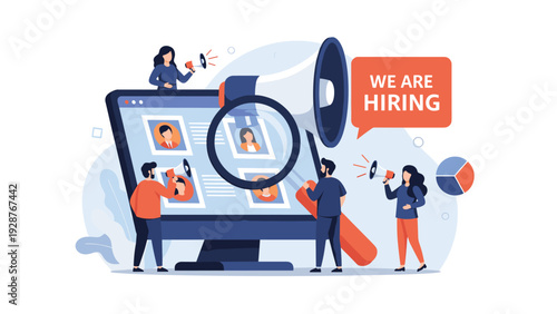 HR team searching for candidates on a giant computer monitor for recruitment and we are hiring concept.