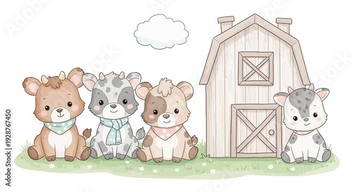 Cute cartoon cows standing near a barn on a green meadow.