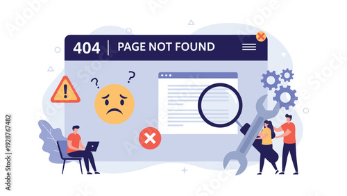 Business team fixing 404 page not found error on website with giant wrench and magnifying glass for technical support.