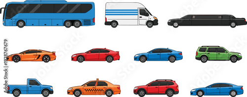 Colorful vector illustration set of various vehicles including a bus van limousine sports car sedan suv pickup truck and taxi for transportation and logistics branding
