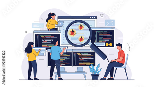 Team of software developers using a large magnifying glass to find and fix bugs on multiple digital computer screens.
