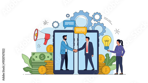 Successful business partnership concept with two professional men shaking hands through smartphone screens amidst money.
