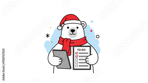 Cute polar bear character wearing a Santa hat and red scarf checking off tasks on a to-do list using a tablet.