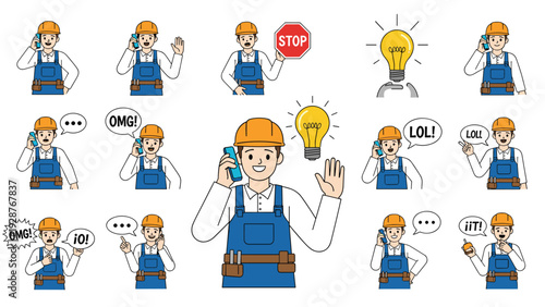 Comprehensive set of a construction worker character in different poses and expressions including talking on the phone.