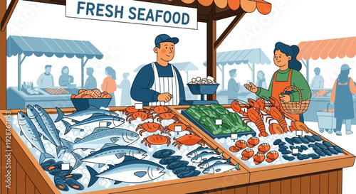 Vibrant Outdoor Seafood Market with Fresh Catch on Display.