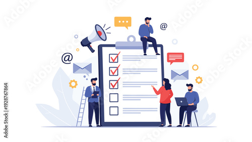 Task management and productivity concept featuring people collaborating around a giant clipboard with a checklist.