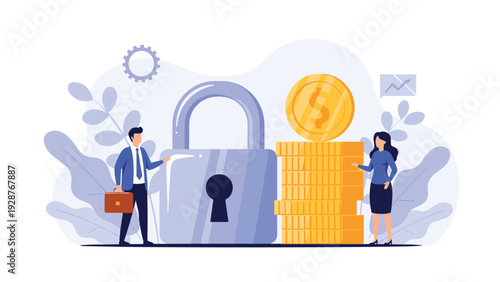 Business people securing their financial assets represented by a stack of gold coins and a giant metal padlock.