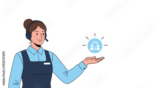 Friendly professional customer service representative wearing a headset and holding a digital icon of a group of people.