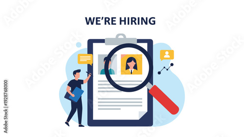 Recruitment and hiring announcement featuring a clipboard with candidate profiles and a large magnifying glass.