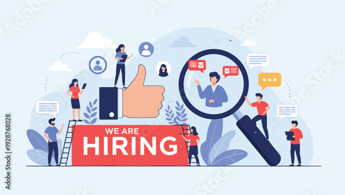 Modern recruitment campaign concept with a large we are hiring banner and diverse people collaborating for selection.