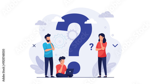 Problem solving and decision making concept with people thinking and analyzing around a giant blue question mark.