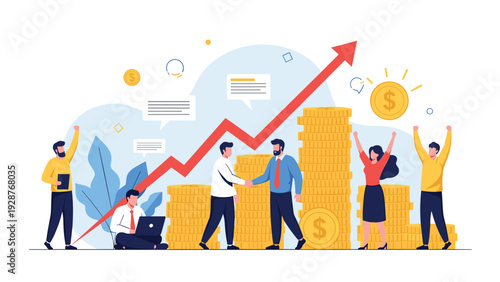 Vibrant business celebration of financial success with a rising profit arrow and a team cheering near stacks of coins.