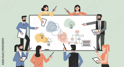 Diverse team collaborating on a project with a large whiteboard.