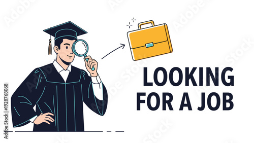Graduate student in a black gown and mortarboard using a magnifying glass to search for a career path and a job.