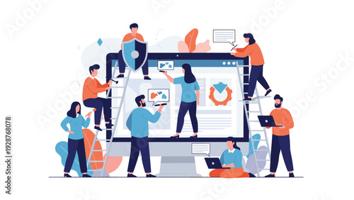 Creative digital team collaborating to build and design a web interface on a large computer monitor with ladders.