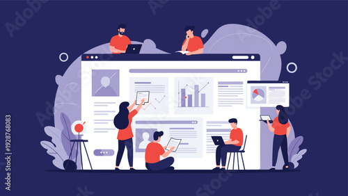 Team of professionals working together to analyze complex data and statistics displayed on a large interactive digital dashboard screen.