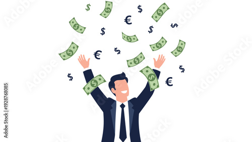 Happy successful businessman in a suit celebrating financial prosperity while paper money falls from the sky around him.