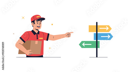 Delivery man in a red uniform holding a package and pointing at a signpost to find the correct shipping direction.