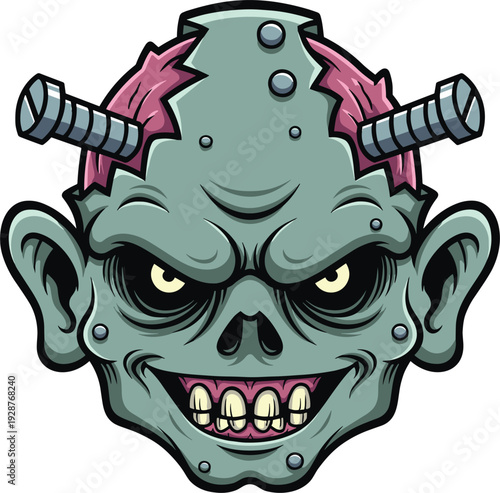 Creepy zombie head mascot illustration with metal bolts and screws, scary undead monster face vector isolated on white background for Halloween design