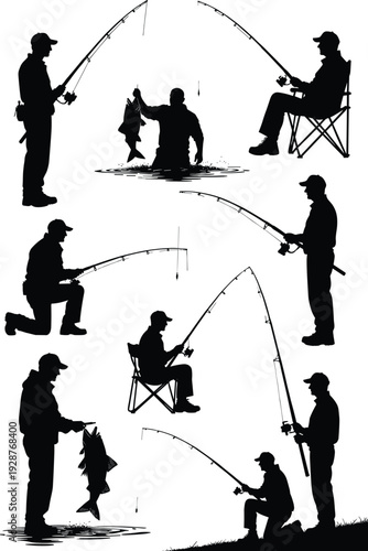 Collection of fisherman silhouettes in various fishing poses, angler catching fish with rod by lake, black vector illustration set isolated on white background