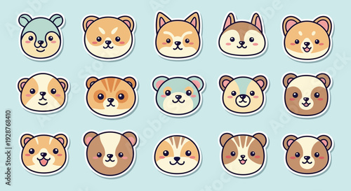 Collection of cartoon animal faces on light blue background.