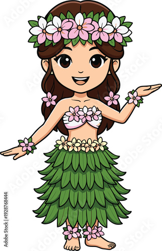 Cute chibi anime girl hula dancer vector illustration wearing a green leaf grass skirt and pink flower lei crown for tropical Hawaiian vacation designs