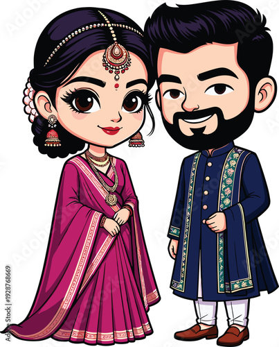 Cute chibi vector illustration of a South Asian bride in a pink sari and a groom in a navy blue sherwani for wedding designs