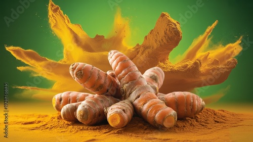 Fresh turmeric root with bright orange powder cloud explosion isolated on chroma key green background, anti inflammatory adaptogenic spice concept for wellness marketing projects
