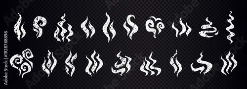 Grunge white steam and smoke swirl icons isolated on transparent background. Distressed hand drawn heat waves