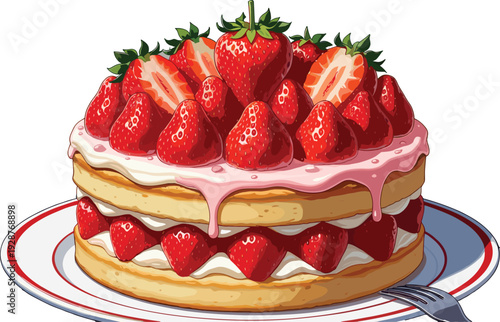 Delicious layered strawberry sponge cake with whipped cream filling and fresh berry topping on a plate for bakery menu dessert shop and celebration branding