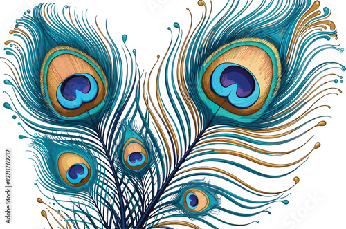 Detailed flat vector illustration of vibrant blue and green peacock feathers with golden accents and eye patterns for elegant nature background and luxury branding