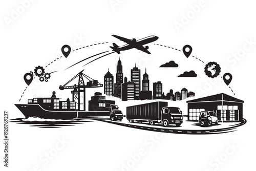 Freight Movement Silhouette, Vector Illustration, Isolated on White Background