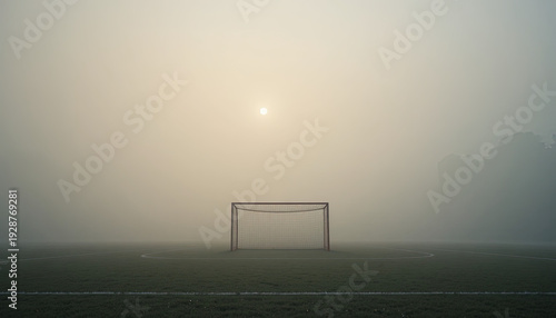 Empty goalpost stands centered on a grass field shrouded in dense morning fog with the sun dimly visible above
