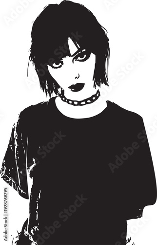 High contrast black and white stencil of a gothic punk girl with short hair and dark makeup. Alternative fashion grunge woman portrait illustration