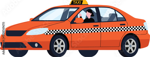 Flat vector illustration of a modern orange taxi cab with a female driver and checkered pattern for city transportation and urban commute designs