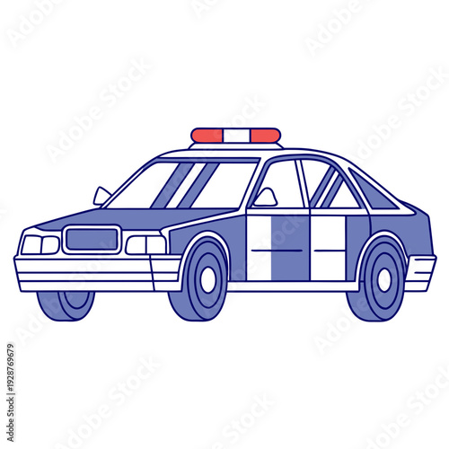 A police car with flashing lights. The vehicle is ready to respond to an emergency. The vehicle has its lights on, signaling urgency 