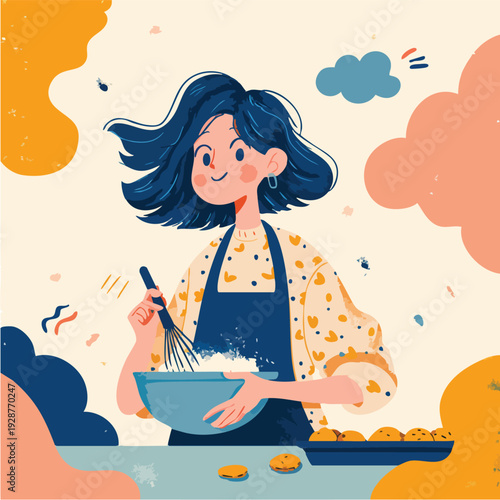 Young woman cooking with bowl and whisk in kitchen.