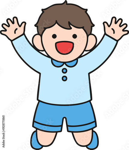 A boy jumping into the air with a big smile and open arms