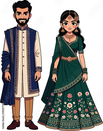 Flat vector illustration of a traditional Indian wedding couple with a groom in a blue sherwani and a bride in a green lehenga