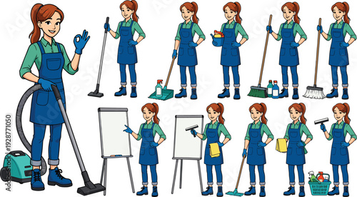 Flat vector illustration set of a female professional cleaner character in a blue apron using a vacuum mop broom and various cleaning supplies