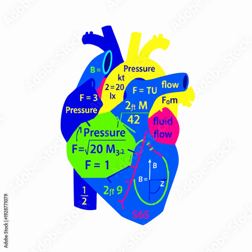 Anatomical heart illustration with scientific equations.