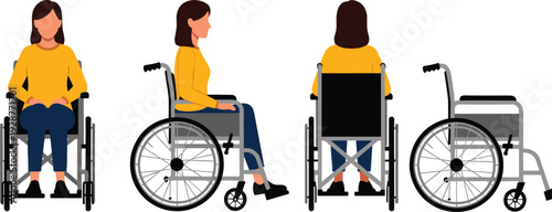 Flat vector illustration set of a young woman sitting in a wheelchair from front side and back views for disability inclusion and accessibility branding