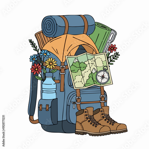 backpacking gear and camping backpack equipment illustration.