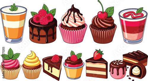 Flat vector illustration set of delicious desserts including chocolate cupcakes raspberry cakes strawberry cheesecake and parfait for bakery menu and sweet shop branding