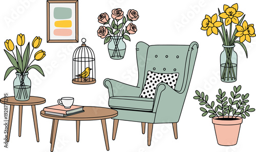 Flat vector illustration set of cozy home interior decor featuring a green wingback armchair wooden coffee tables floral vases and a bird cage