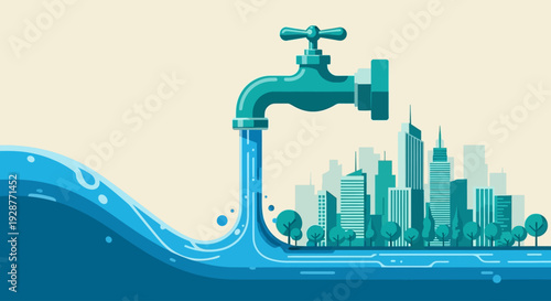 World Water Day Water Faucet Over City Flat Vector Banner