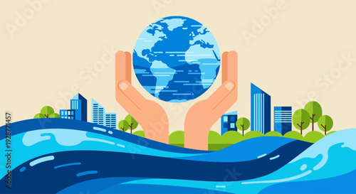 World Water Day Hands Holding Water Earth Flat Vector Banner