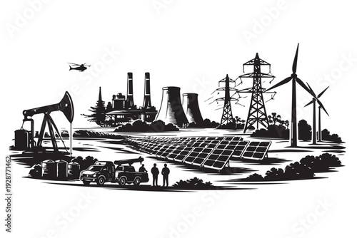 Energy Infrastructure Mega Scene Silhouette, Power Systems Combined, Vector Illustration, Isolated on White Background
