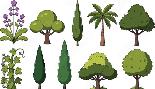 Flat vector illustration set of diverse garden plants including cypress trees a palm tree flowering shrubs and deciduous trees for landscape and environment branding