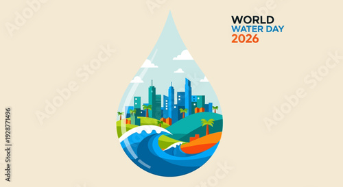 World Water Day Water Drop Landscape Flat Vector Banner